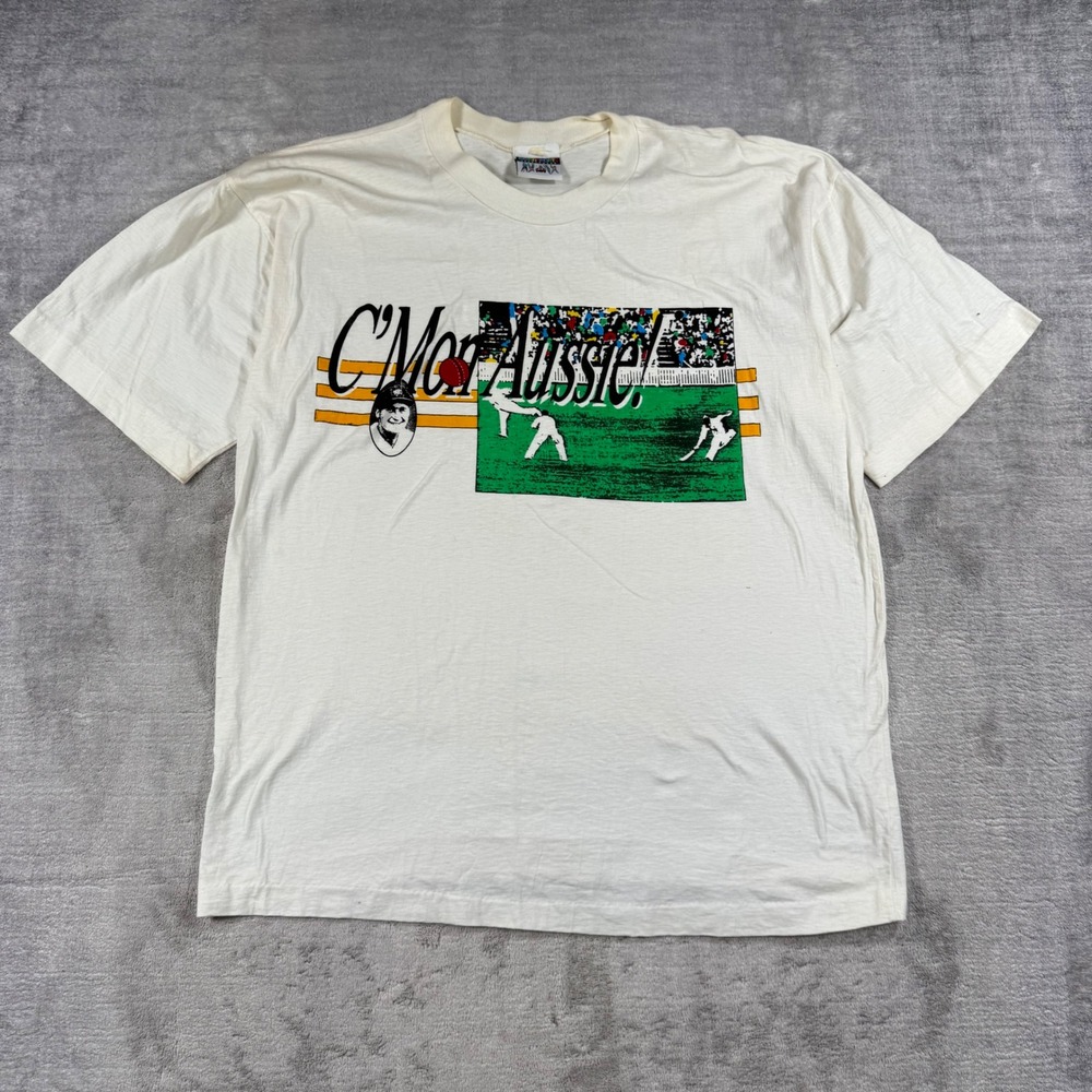 Cmon Aussie Cricket Shirt Mens Large White Vintage 90s Graphic Single Stitch Tee